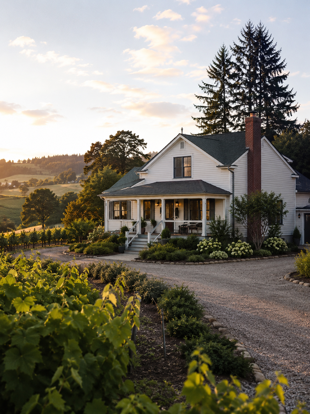 Warm residential home exterior in quiet evening light